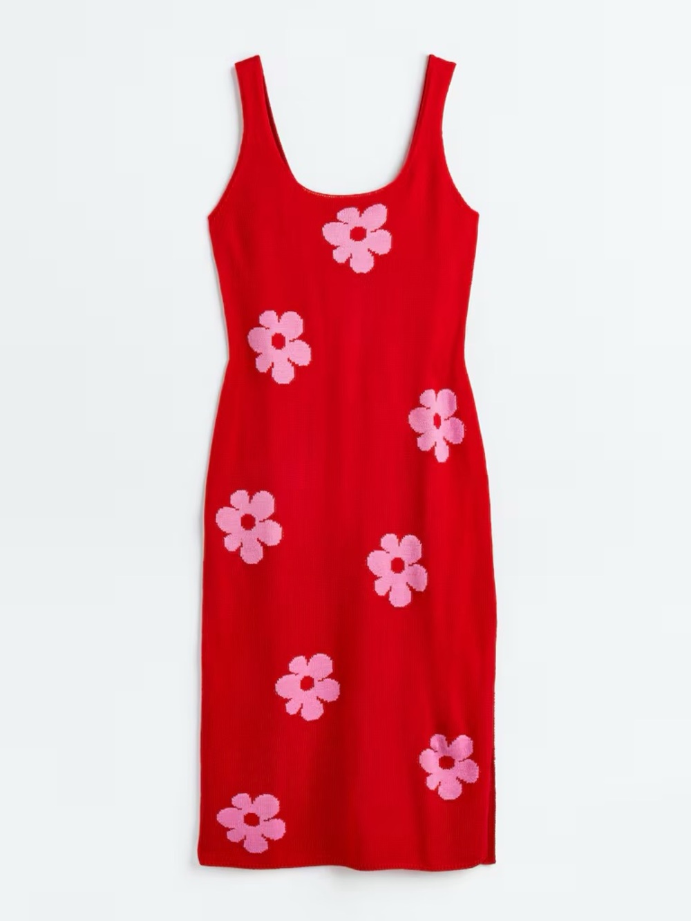 H&M Red Knit Tank Midi Dress with Pink Floral Motif